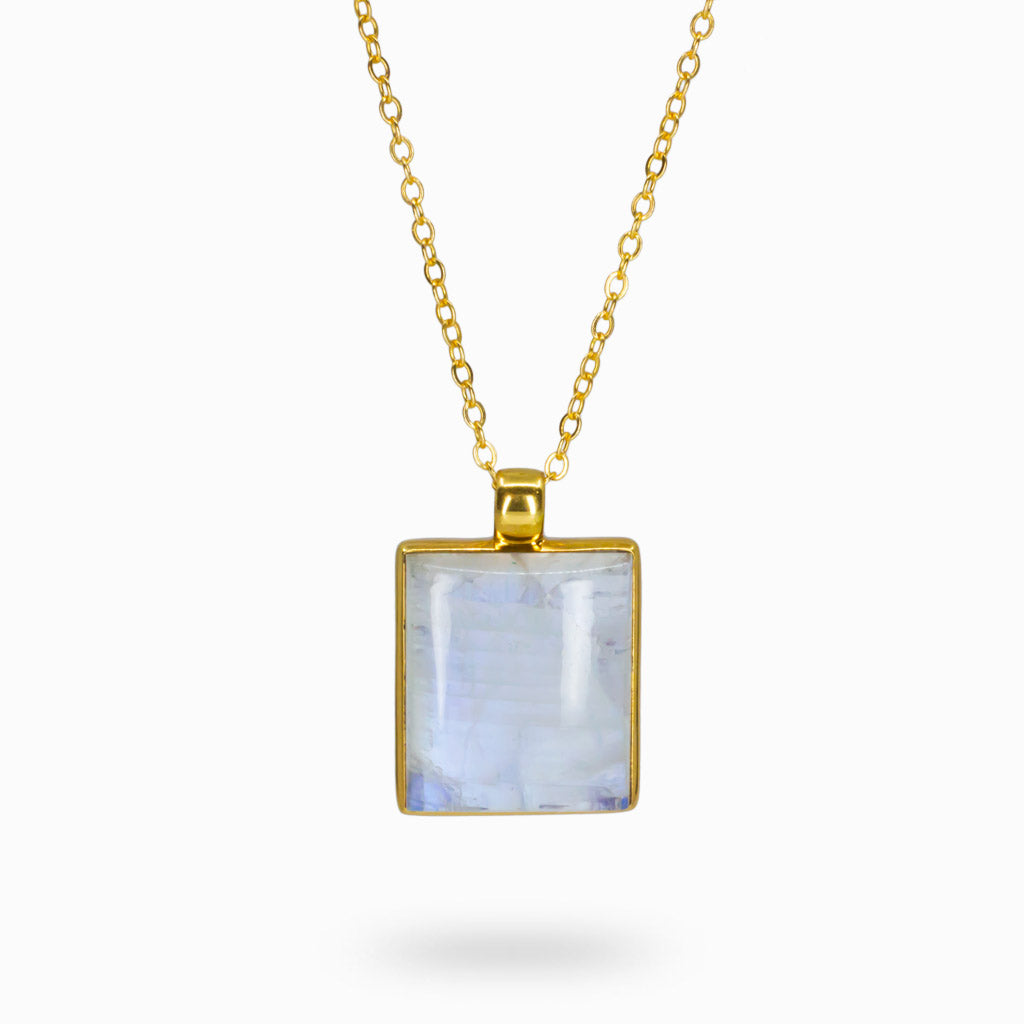 Lavender and white square Rainbow Moonstone Necklace set in 14K Vermeil Gold