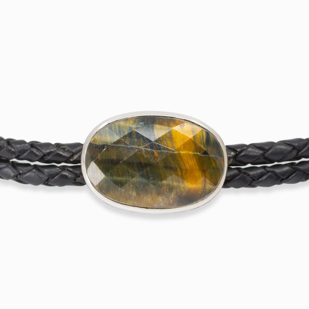 Golden Hawks Eye Faceted Double Braided Leather Choker Necklace