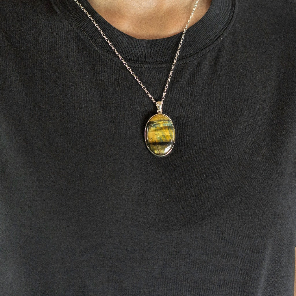 Cabochon Hawks Eye Necklace on Model