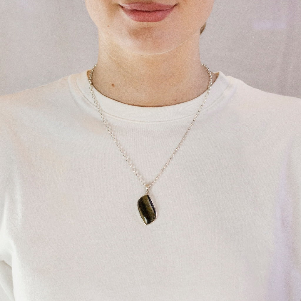 S-Shaped cabochon Hawks Eye Necklace on model