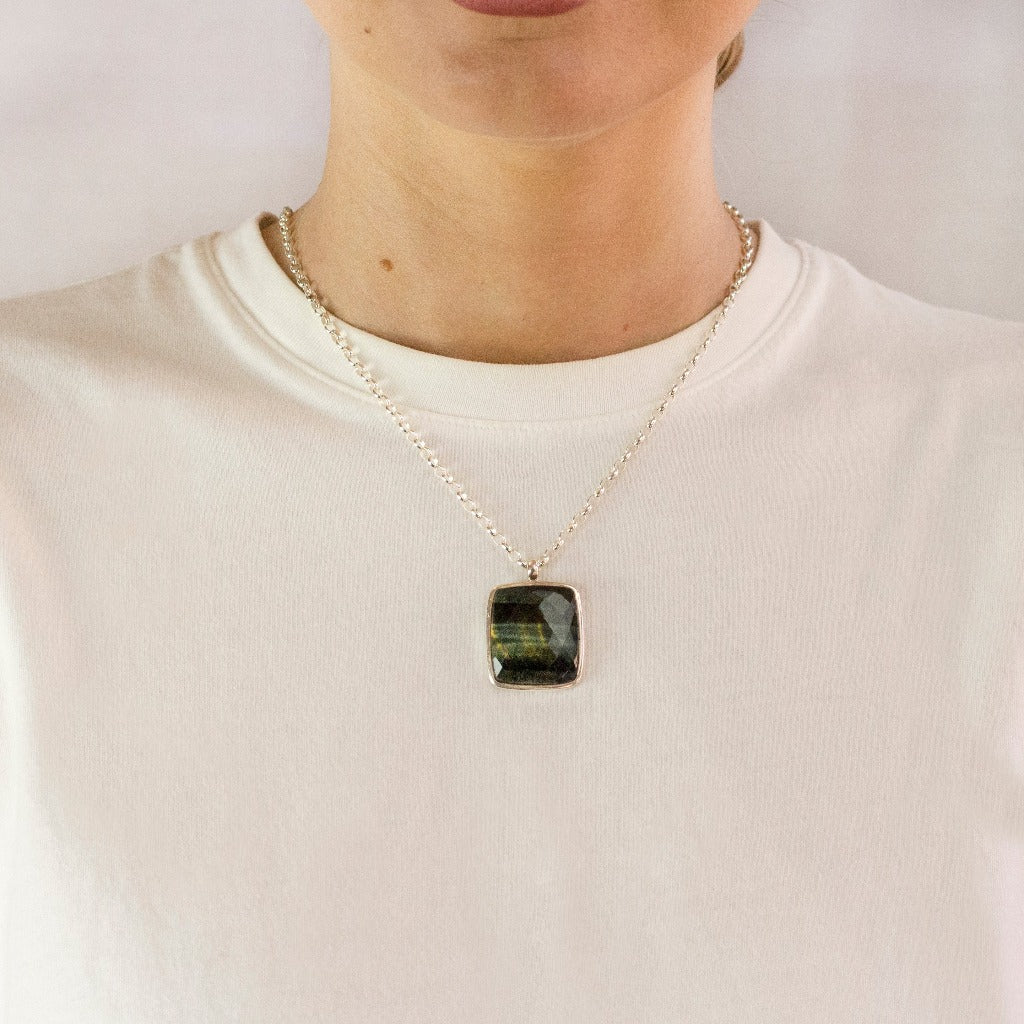 Faceted Rectangle Hawks Eye Necklace on model