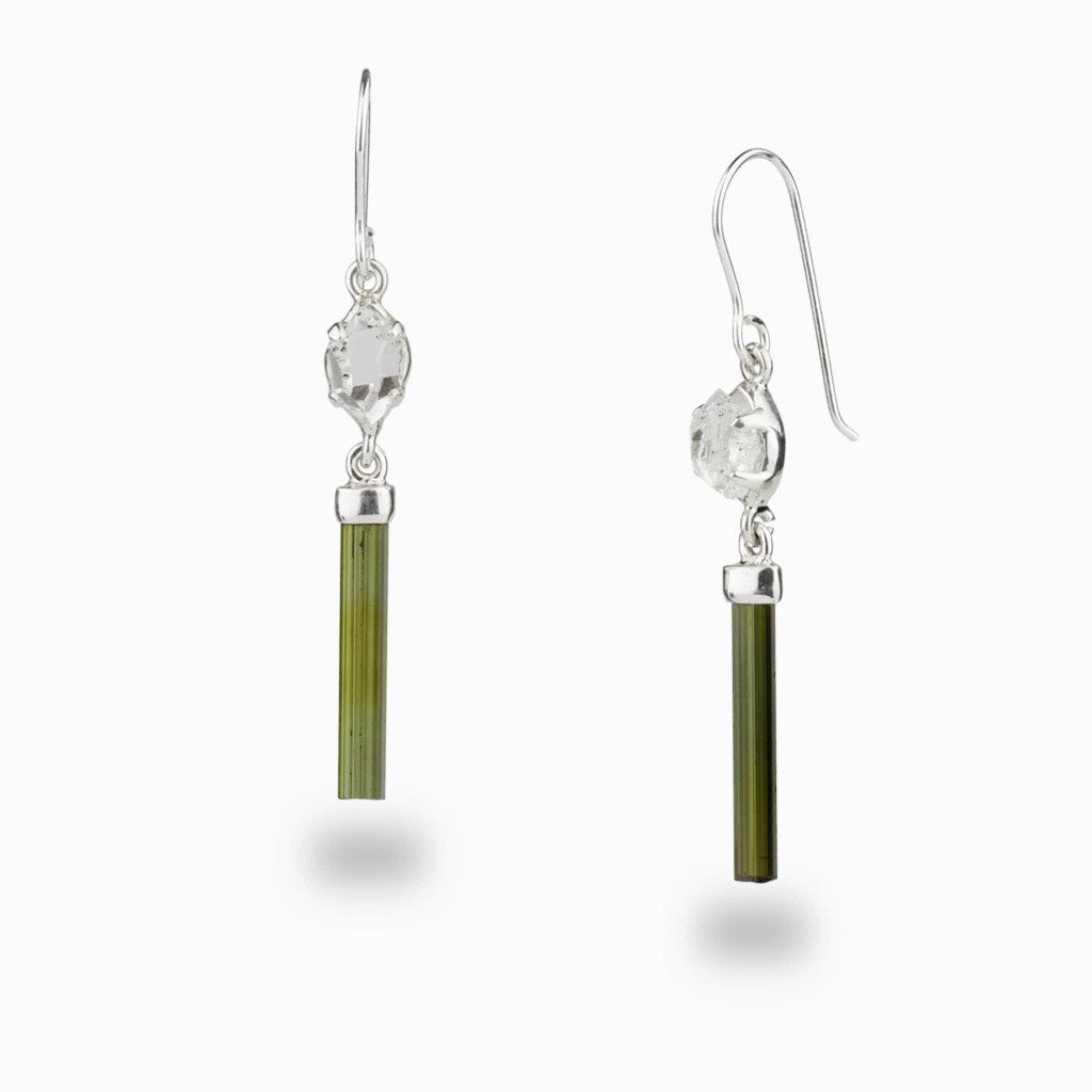 Green Tourmaline & Herkimer Diamond Drop Earrings