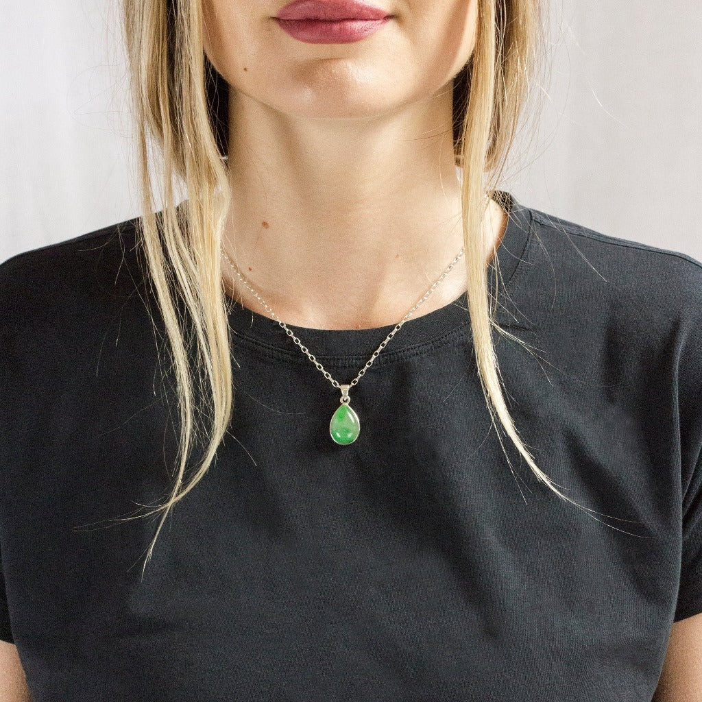 Green Cabochon Teardrop Jadeite Necklace on model