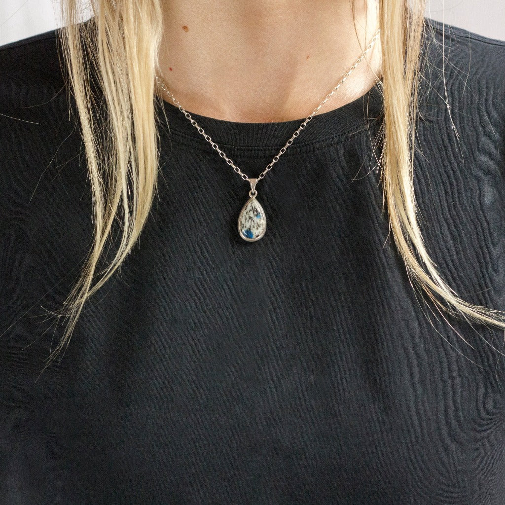 Teardrop K2 Jasper Cabochon Necklace in Sterling Silver on model
