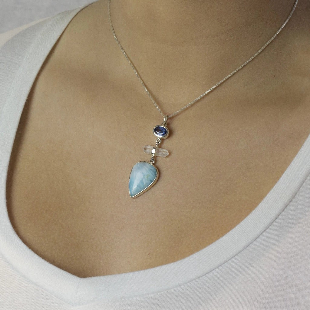 Kyanite, Laser Quartz, Larimar Necklace on Model