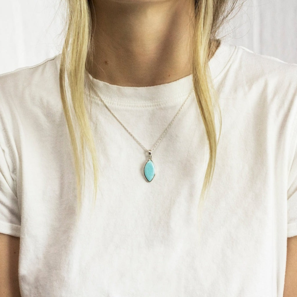 Blue Cabochon Marquis Larimar Necklace on model