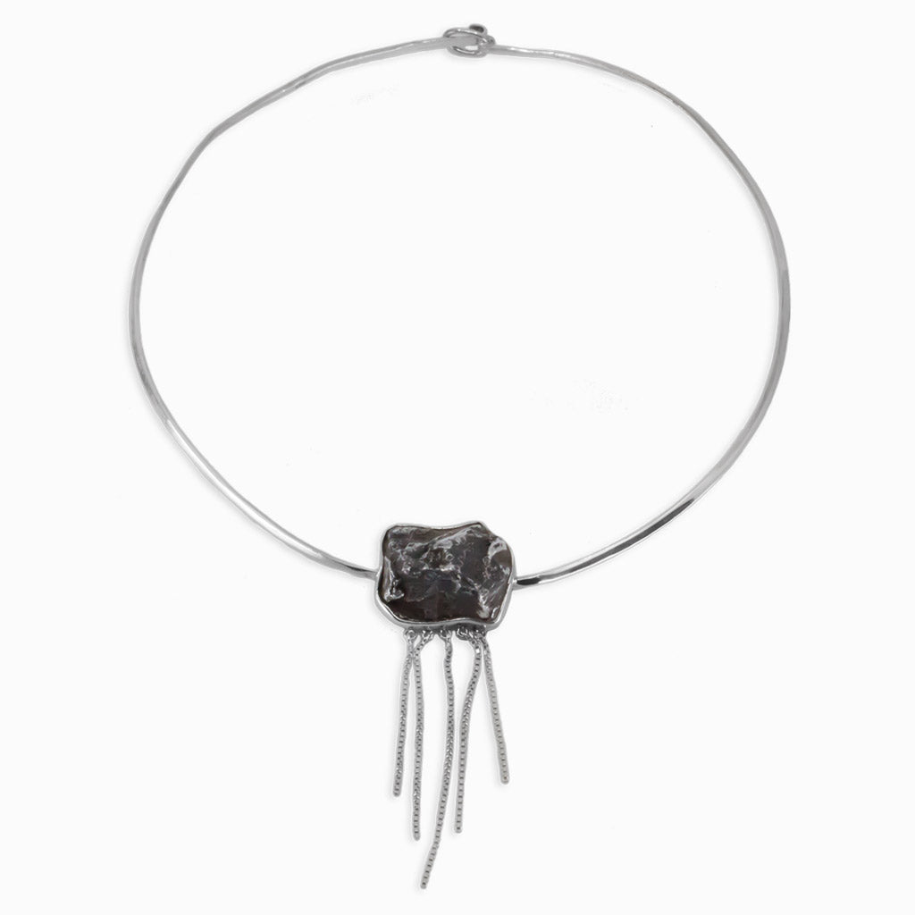 Black Sikhote Alin Meteorite Piece with dangling silver Meteorite Choker