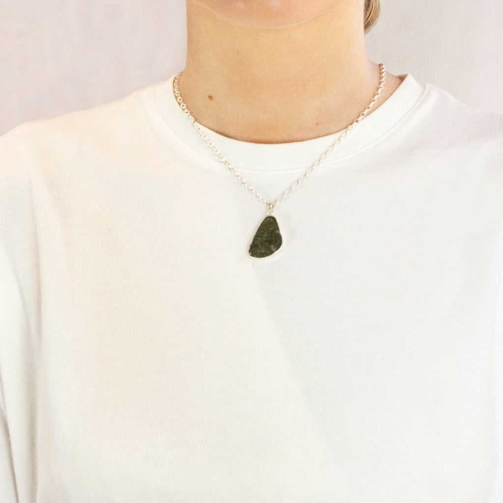 Model Wearing Light Forest Green Translucent Moldavite Necklace