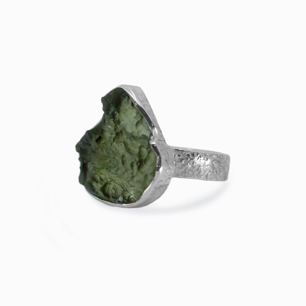 Raw tear shaped Moldavite ring