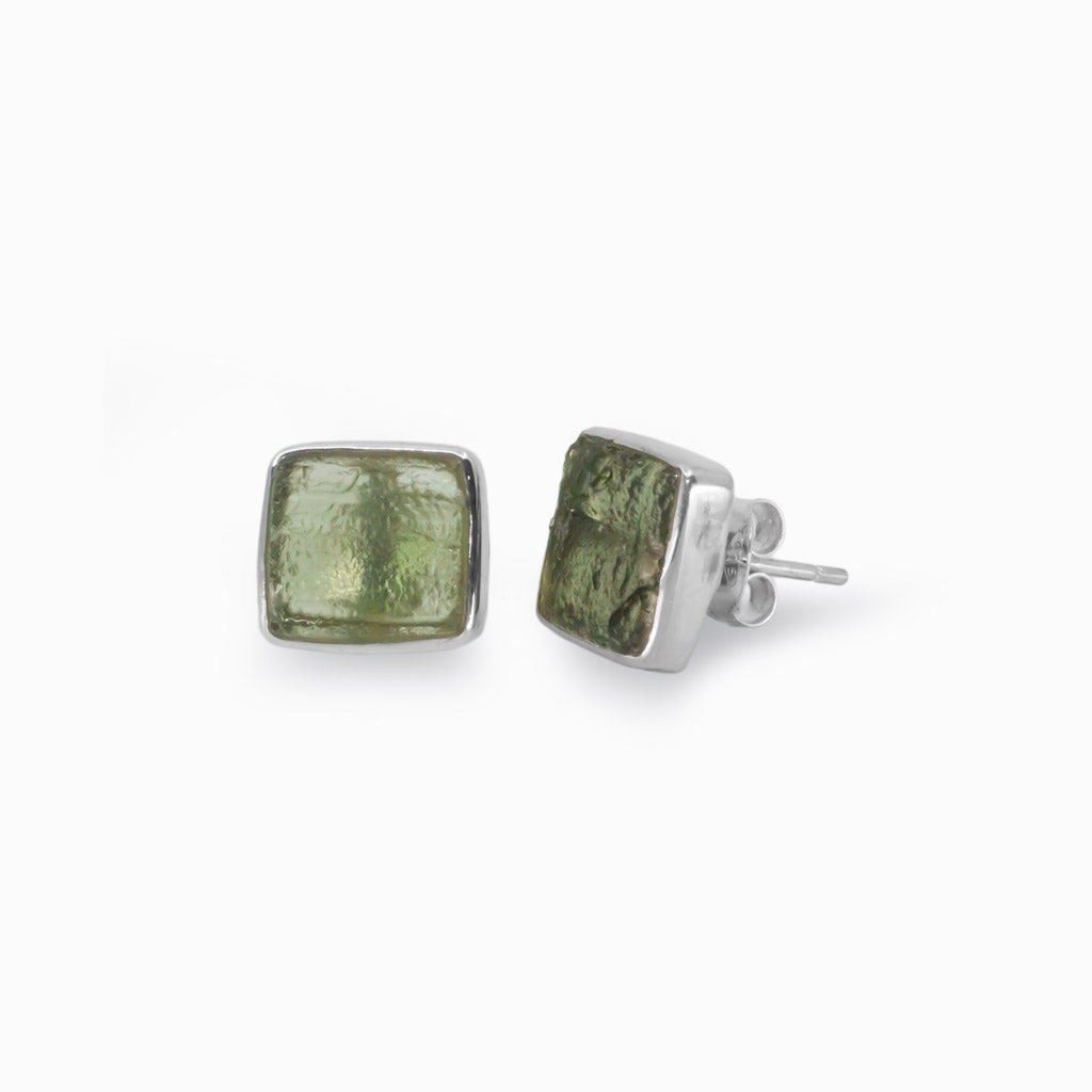 Natural raw Moldavite Stud Earrings Made In Earth