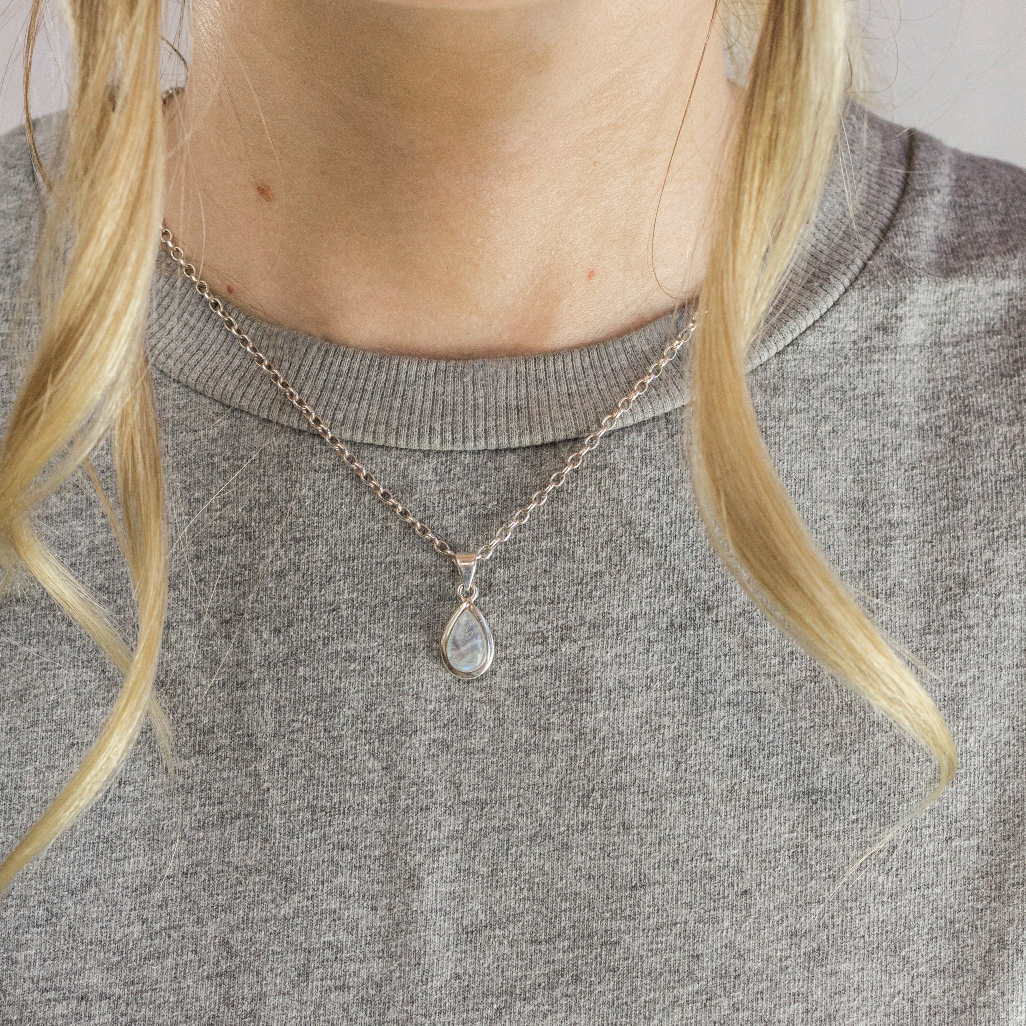 Rainbow Moonstone Teardrop Necklace Made In Earth On Model