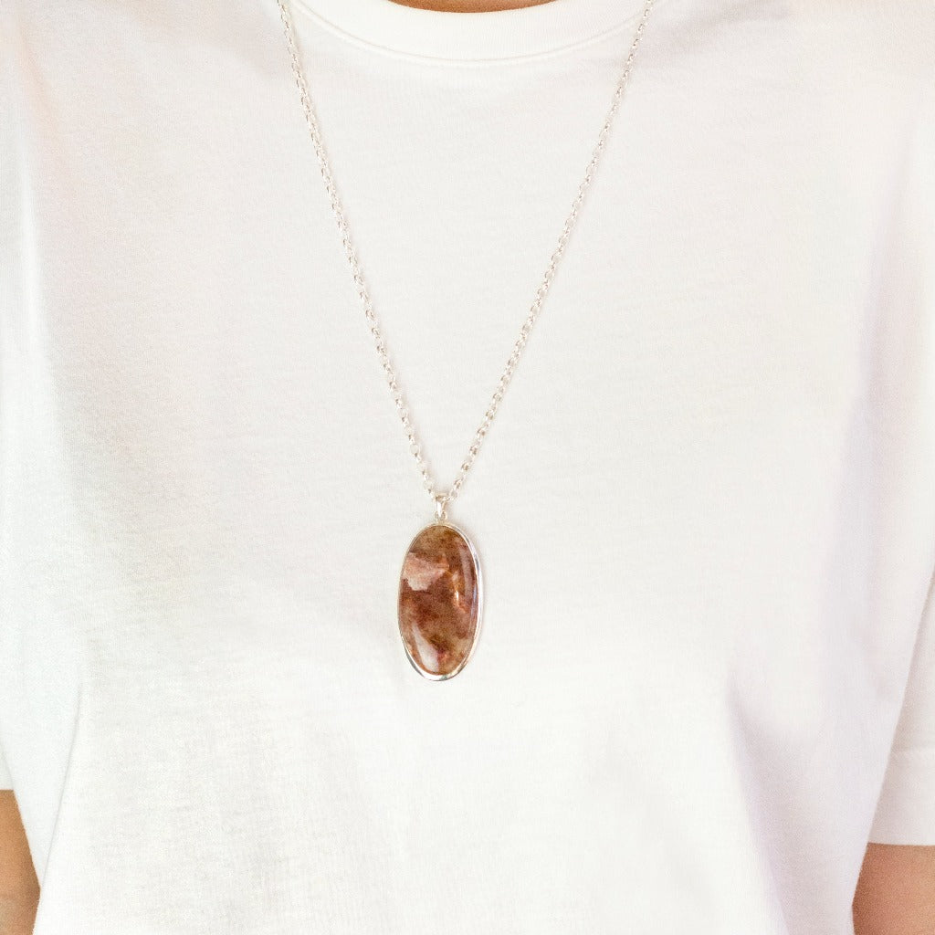 Orange Brown and Clear structures Red Feldspar Jasper Necklace on Model