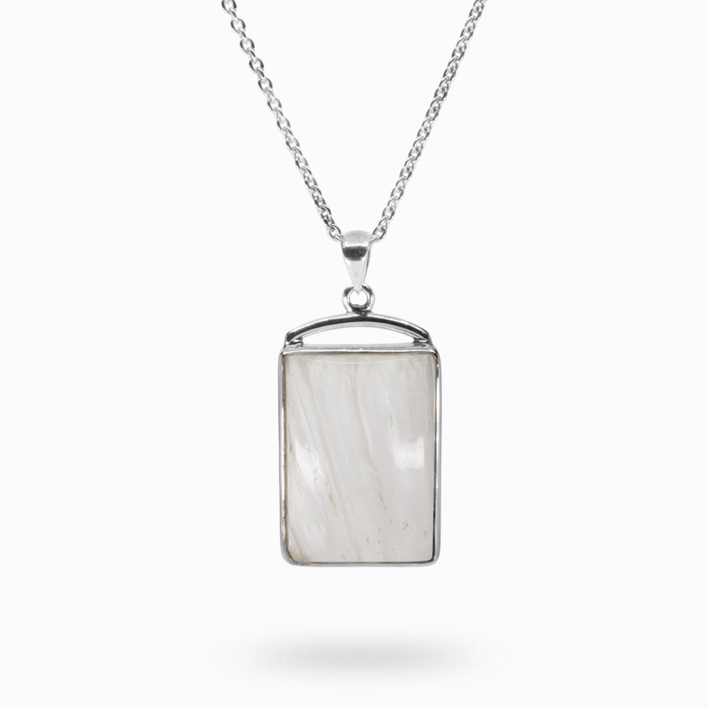 White Rectangle cabochon Scolecite Necklace