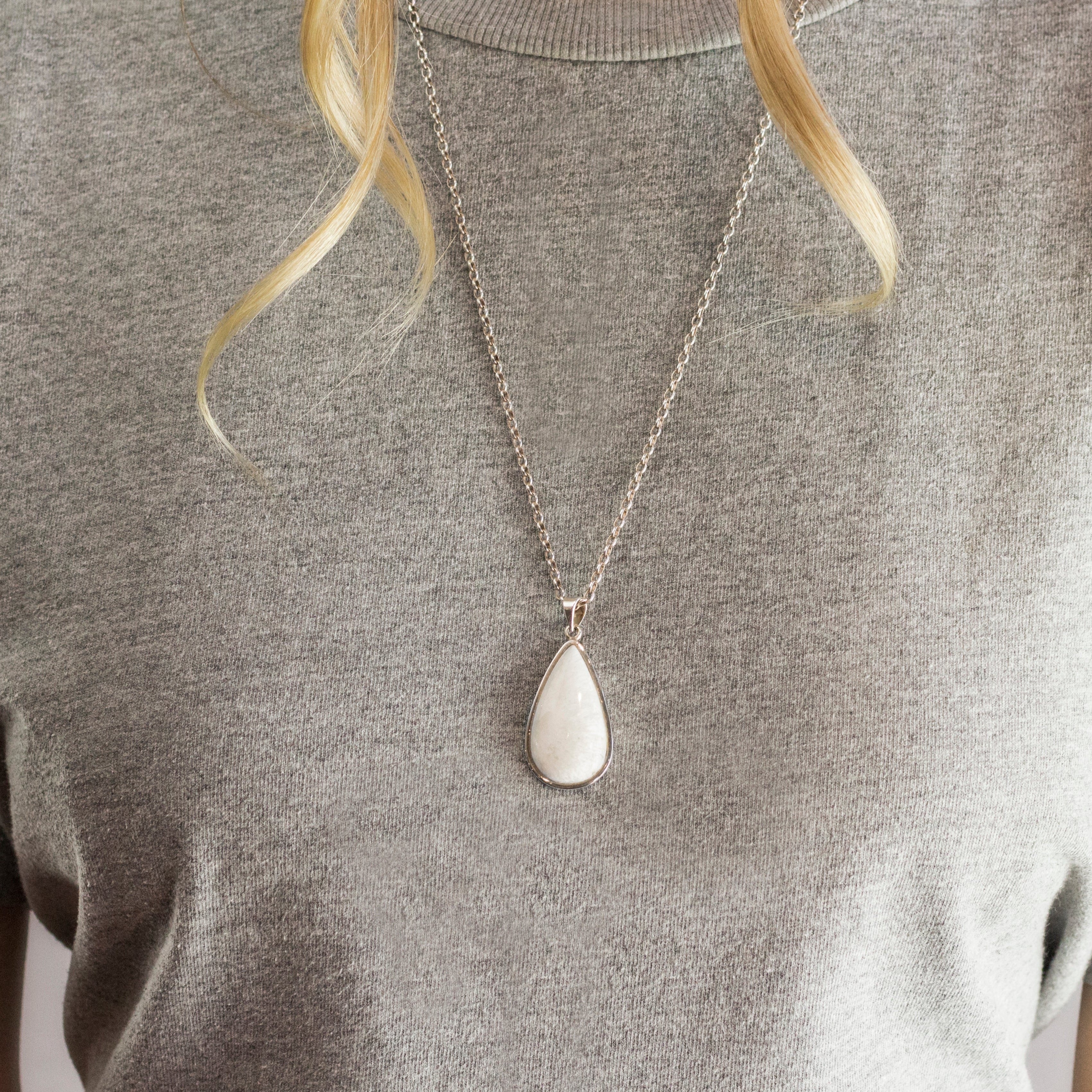 Model Wearing Tear cabochon Scolecite Necklace