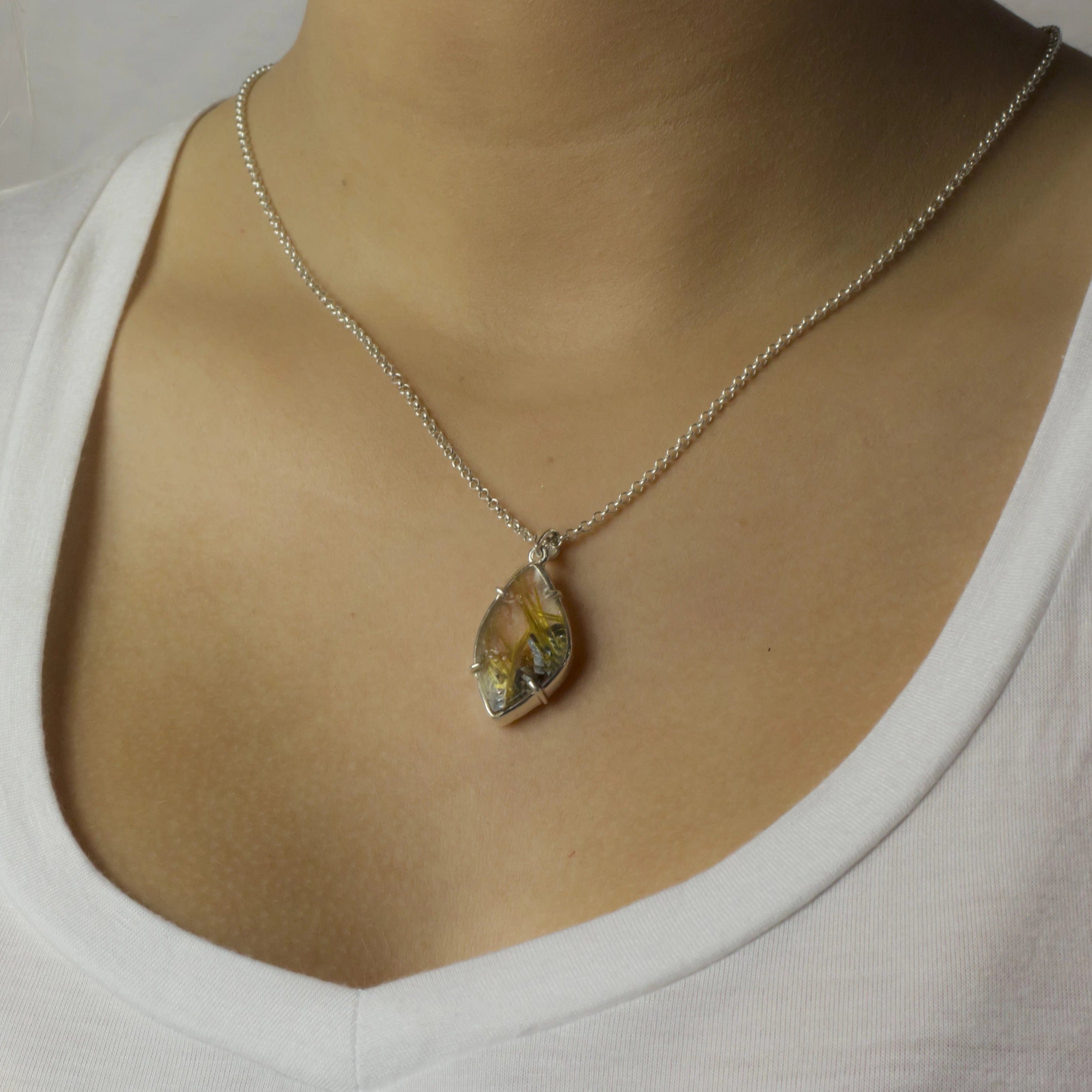 Star Rutilated Quartz & Hematite Necklace on Model