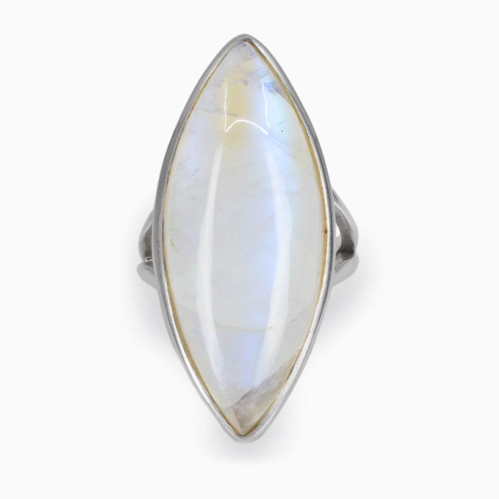 Eye Shape White Blue Yellow Rainbow Moonstone Ring Made in Earth