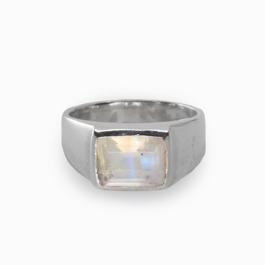 Yellow White Blue Translucent Rainbow Moonstone Ring Made in Earth