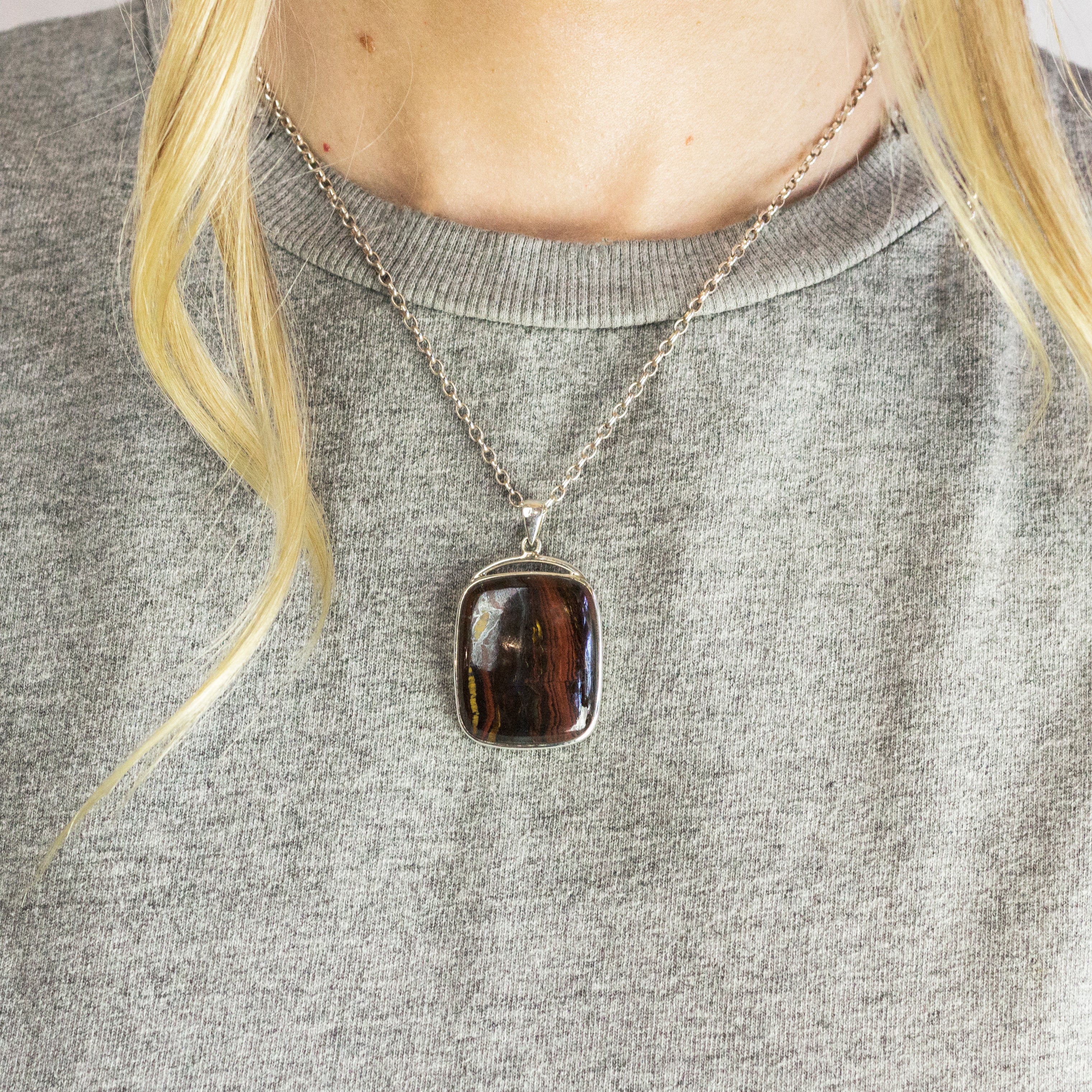 Model Featuring Cabochon Rectangle Tiger Iron Necklace