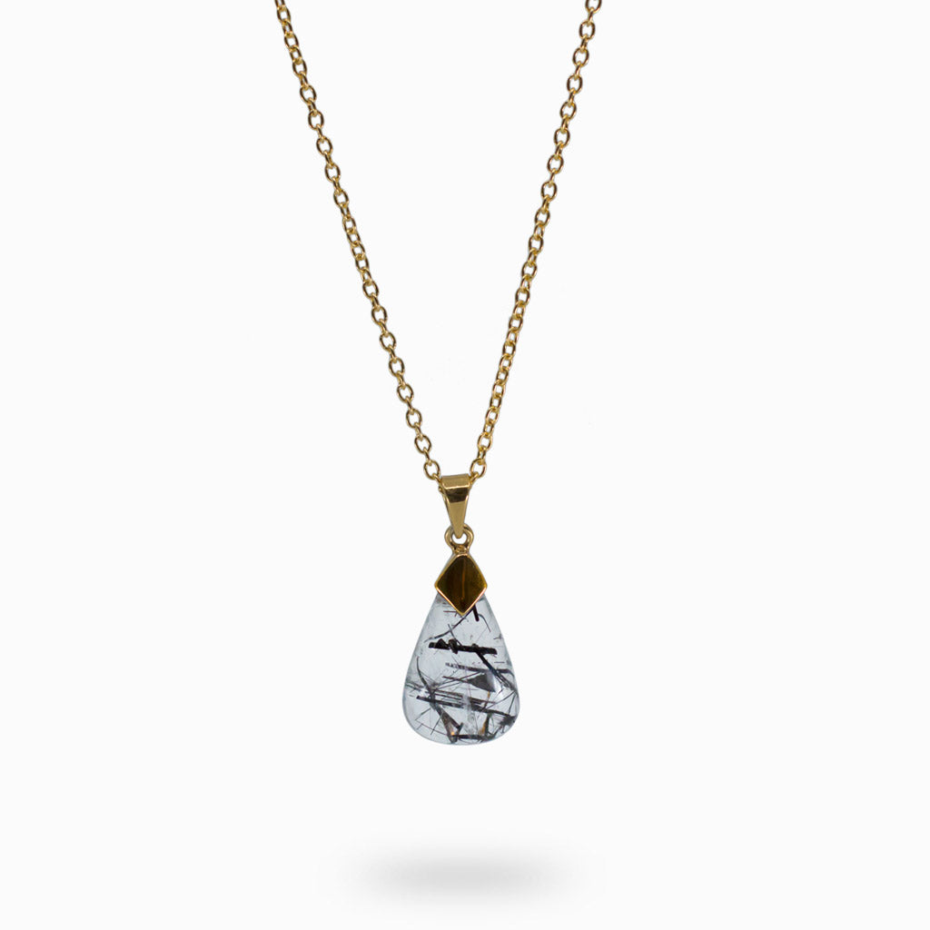 14k yellow gold vermeil tear black and clear cabochon Tourmalinated Quartz Necklace
