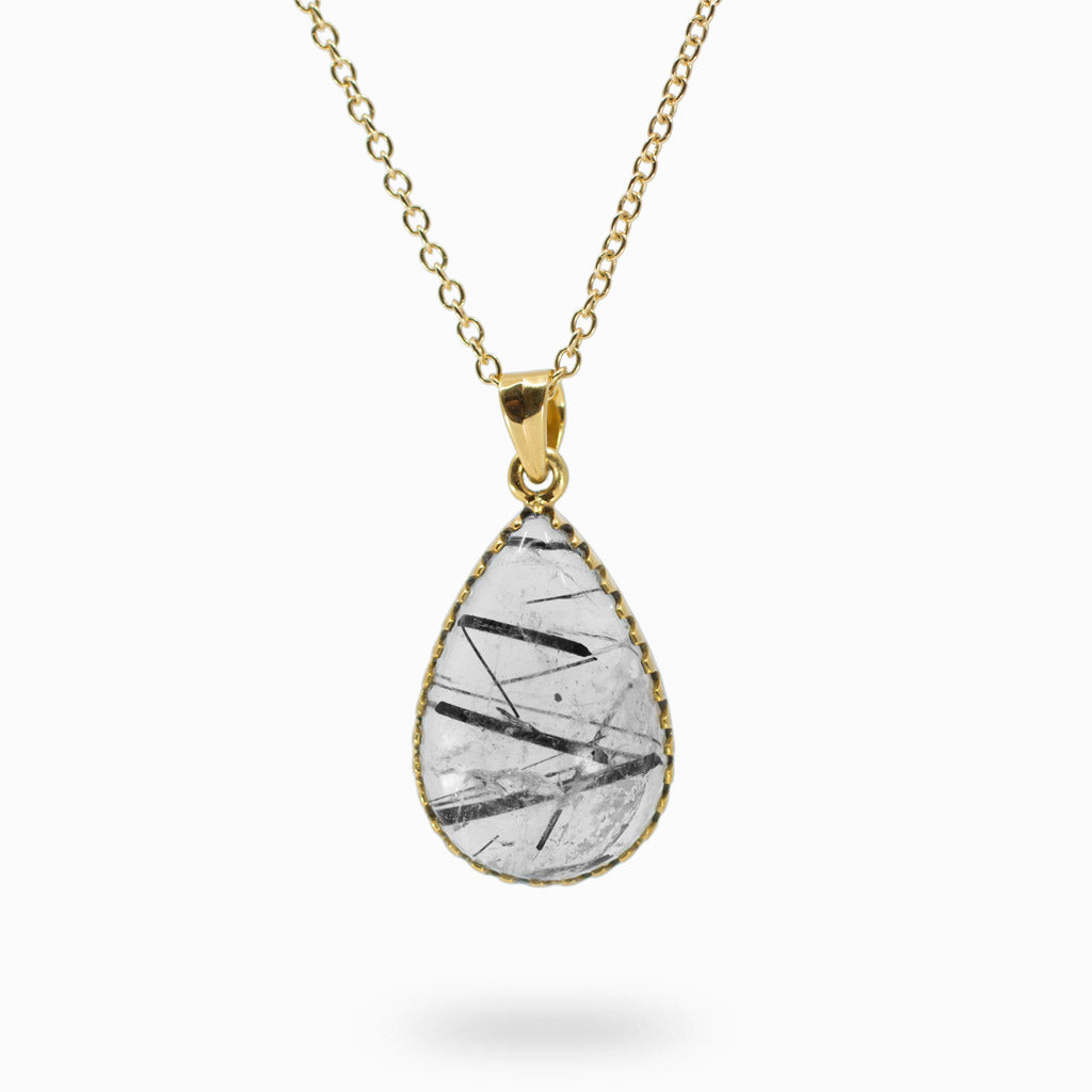 14k yellow gold vermeil tear black and clear cabochon Tourmalinated Quartz Necklace