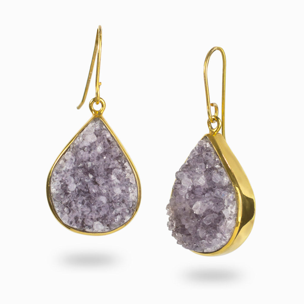 Teardrop Amethyst Druzy Drop Earrings with gold vermeil finish