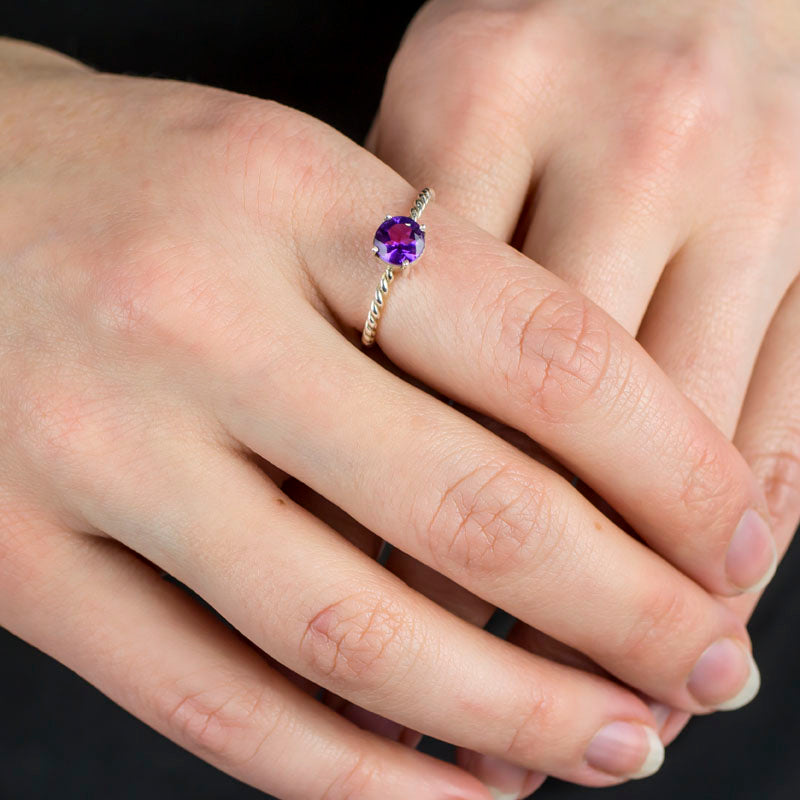 Purple Faceted Amethyst Ring Made in Earth on Model
