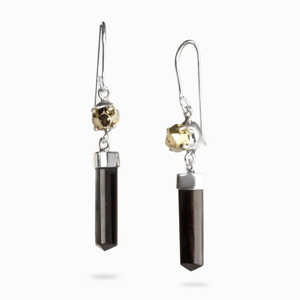 Lazer cut Black Tourmaline and Round Facet Pyrite Drop Earrings