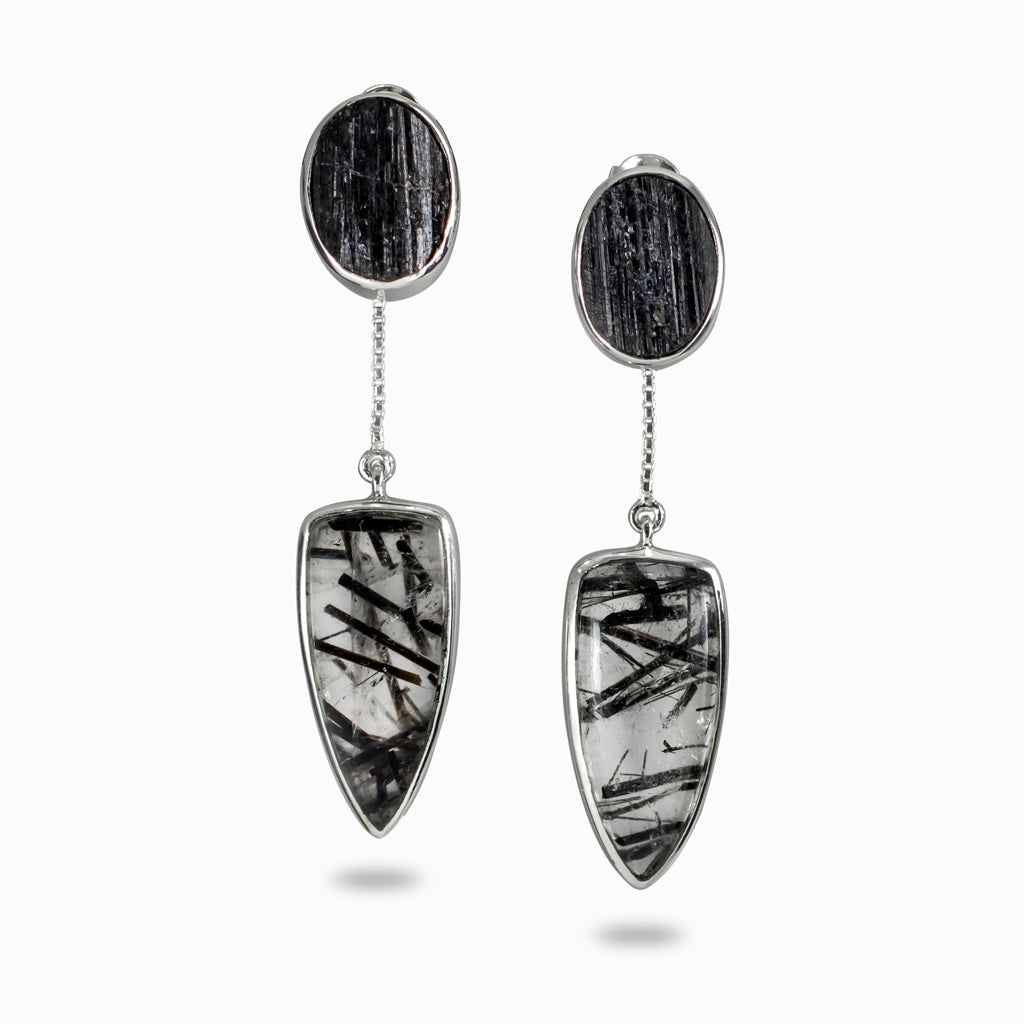 oval Black Tourmaline and Halo cut Tourmalinated Quartz Stud Drop Earrings