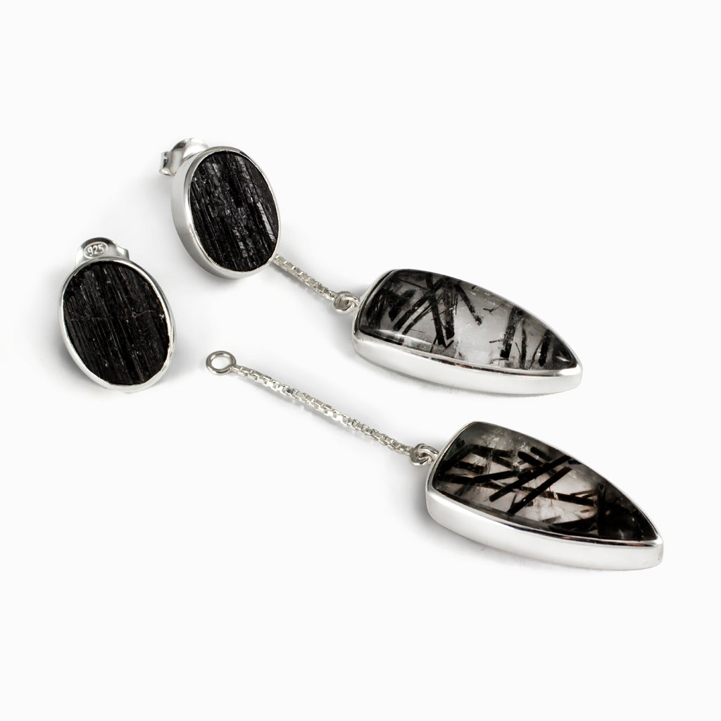 Black Tourmaline and Tourmalinated Quartz Stud Drop Earrings