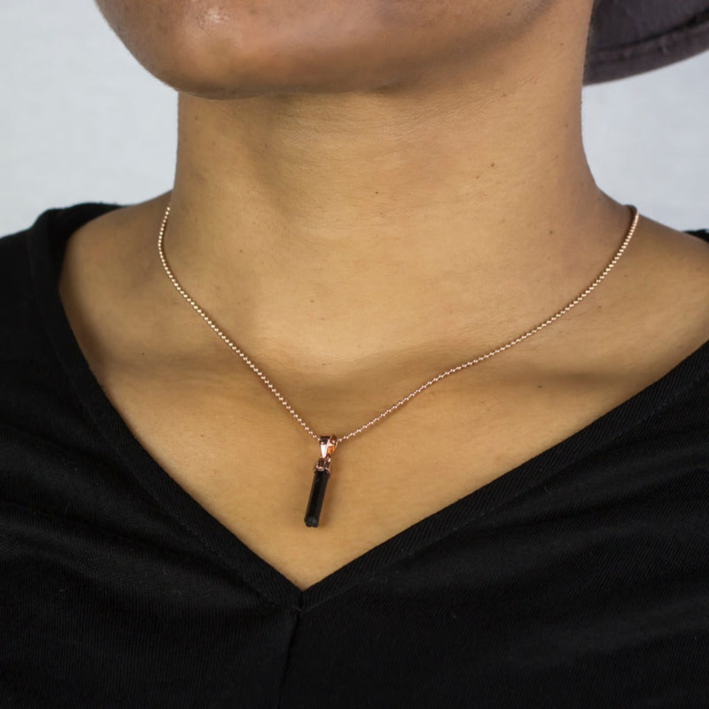 Black Tourmaline Pendant on model