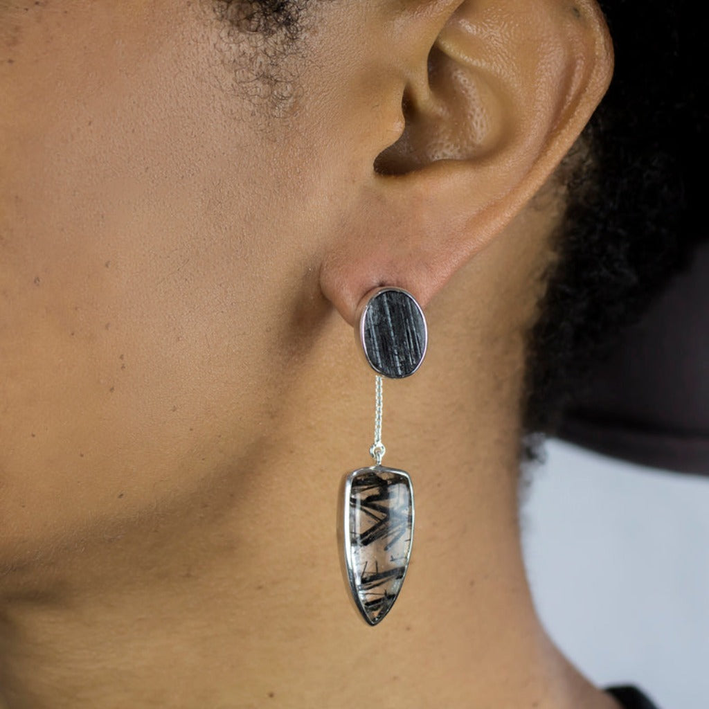 Black Tourmaline and Tourmalinated Quartz Stud Drop Earrings on Model