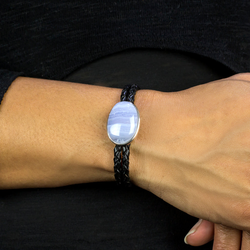 Blue Lace Agate Braided Leather Bracelet on Model