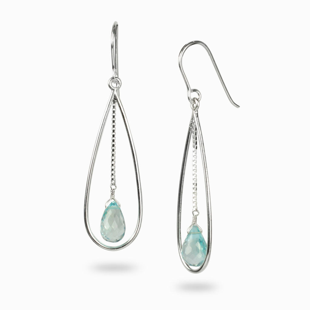 Teardrop Facet Blue Topaz Halo Drop Earrings