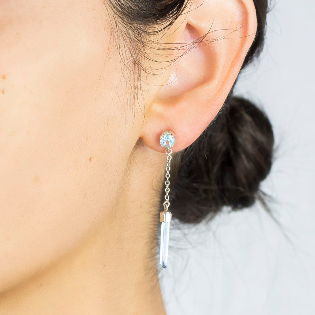 Blue Topaz and Aqua Aura Stud Drop Earrings on Model