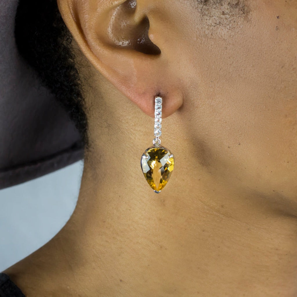 Citrine & White Topaz Drop Earrings on Model