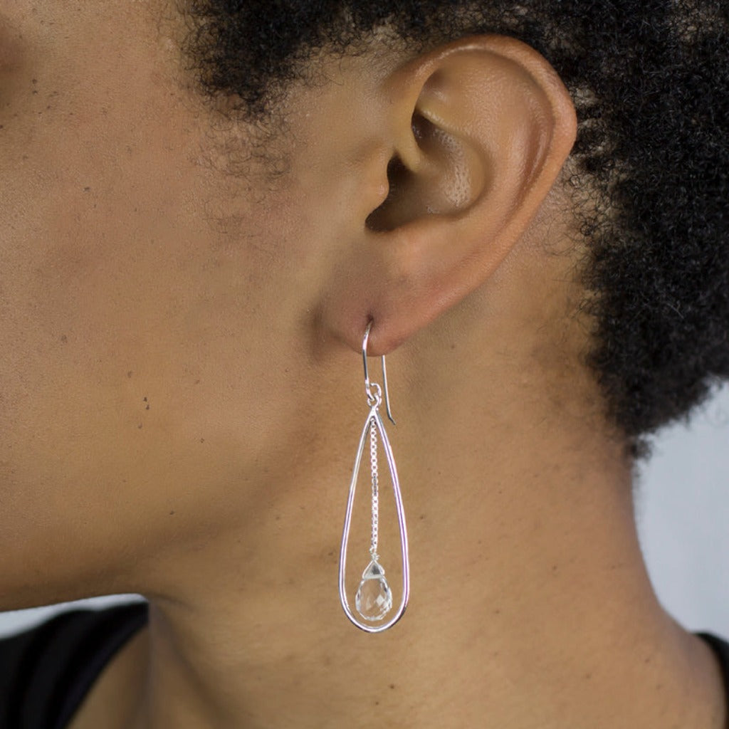 Clear Quartz Briolette Drop Earrings on Model