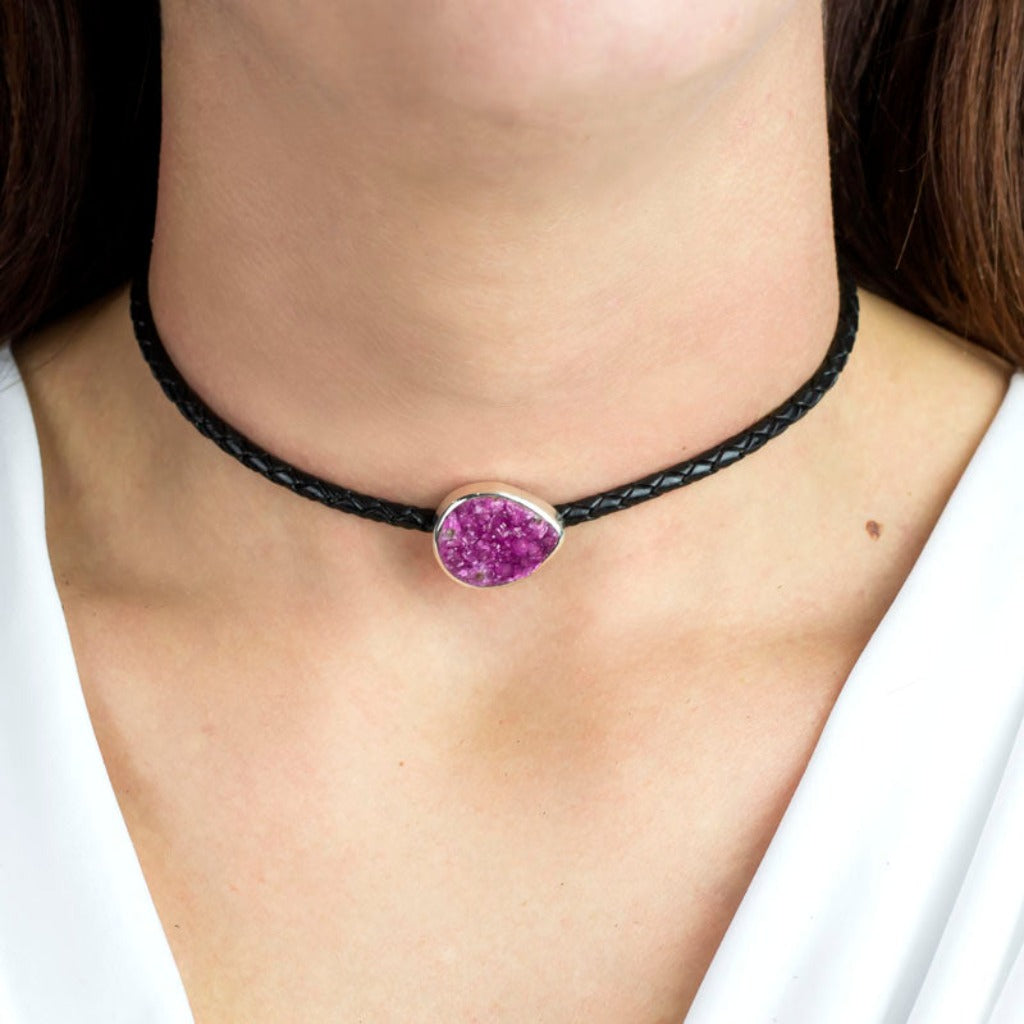 raw Cobaltian Calcite Braided Leather Choker Necklace on Model