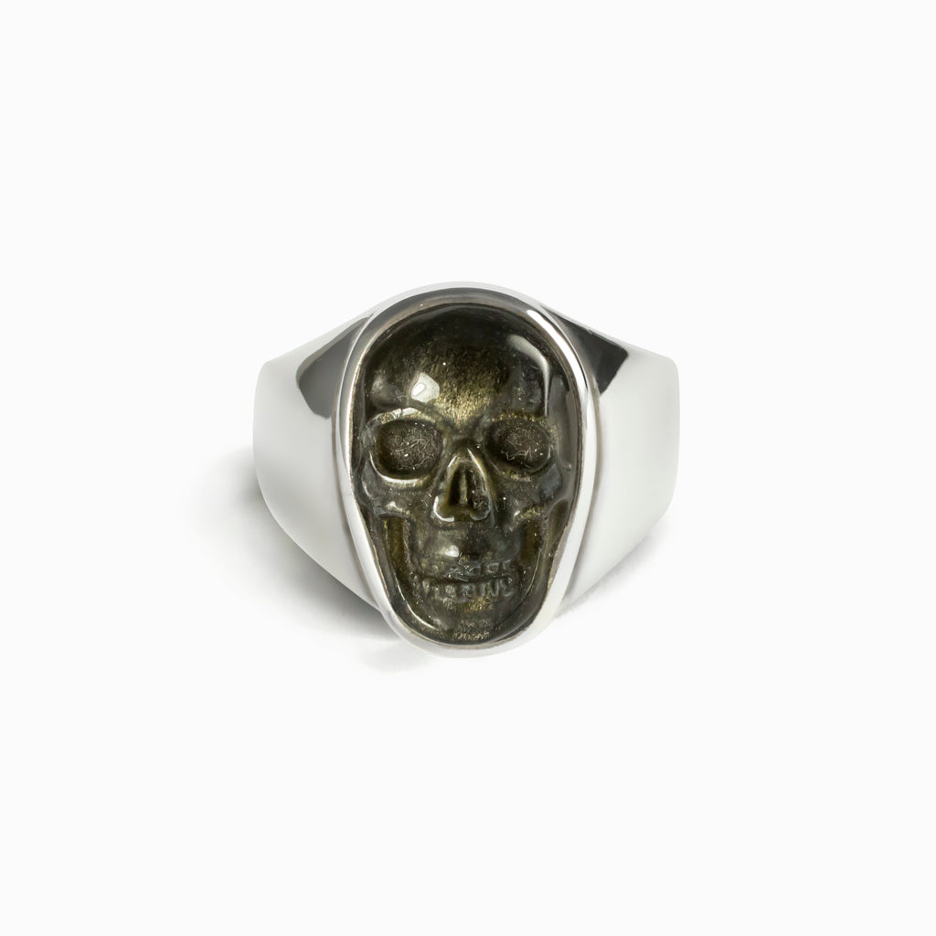 Dark Green Goldsheen Obsidian Skull Ring Made in Earth