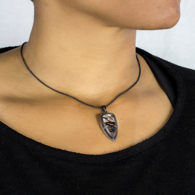 Halo Collection: Tourmalinated Quartz Pendant on Model