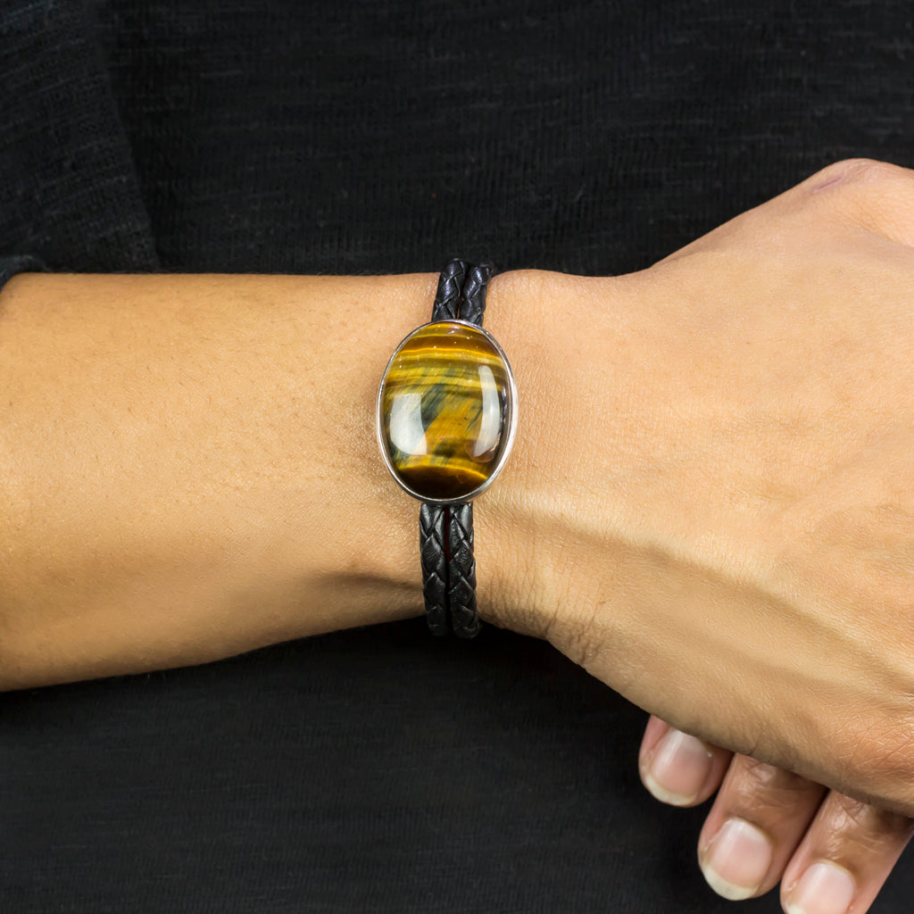 Hawks Eye Braided Leather Bracelet on Model