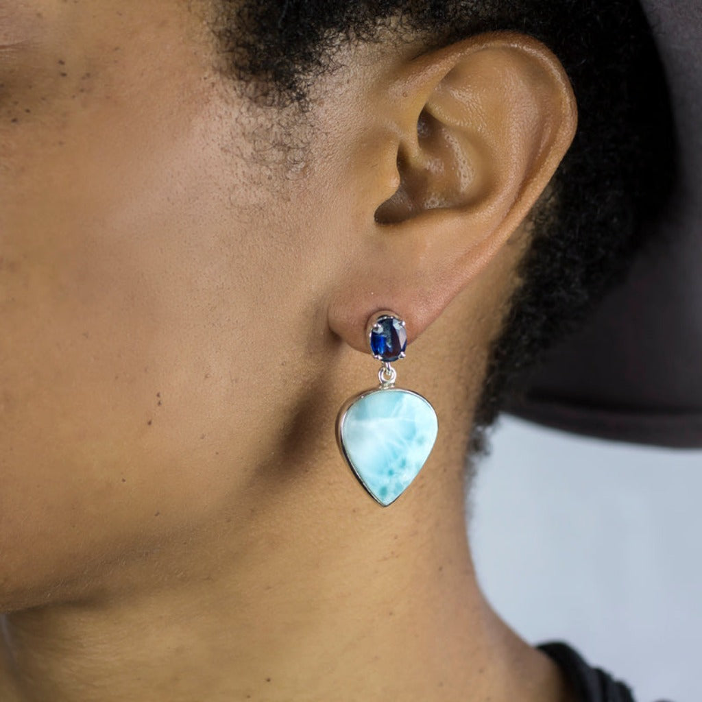 Kyanite and Larimar Drop Earrings on Model