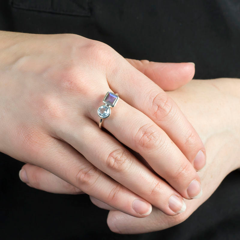 Blue Topaz & Labradorite Ring on Model