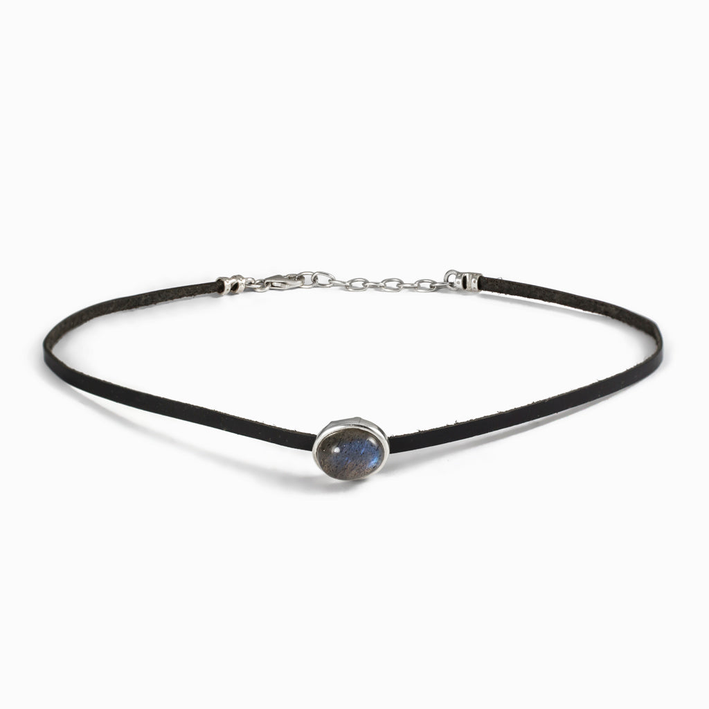 Labradorite Flat Leather Choker Necklace