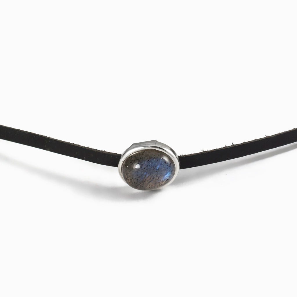 Labradorite Flat Leather Choker Necklace