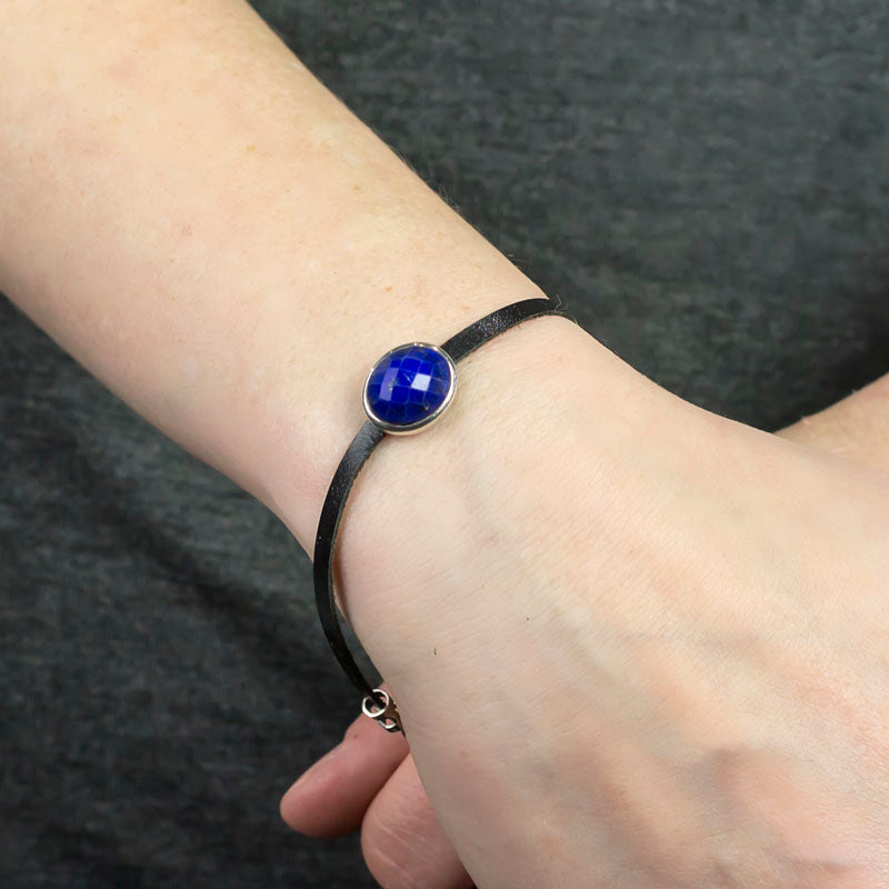 Lapis Lazuli Flat Leather Bracelet on Model