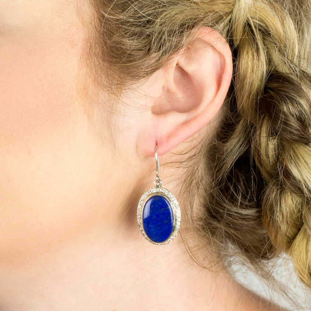 Lapis Lazuli & White Topaz Drop Earrings on Model