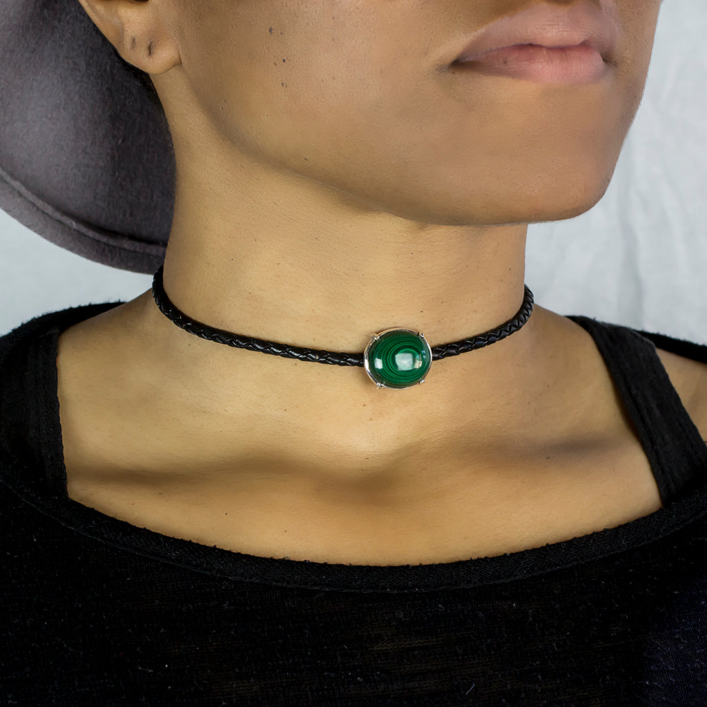Malachite Braided Leather Necklace on Model