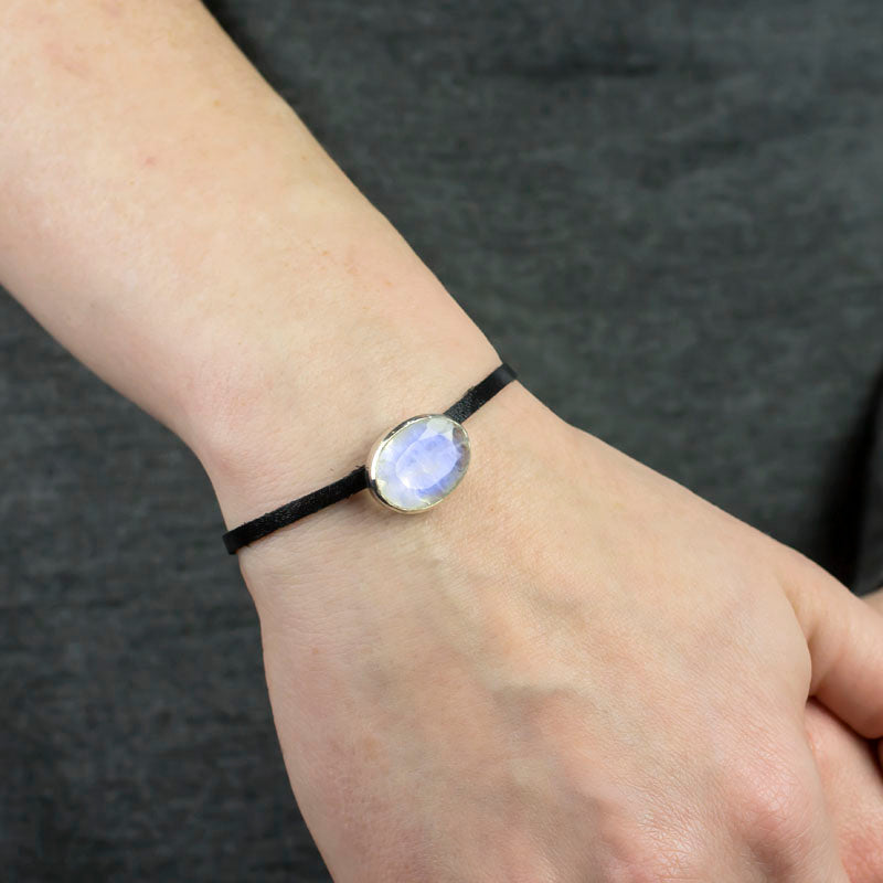Rainbow Moonstone Flat Leather Bracelet on Model