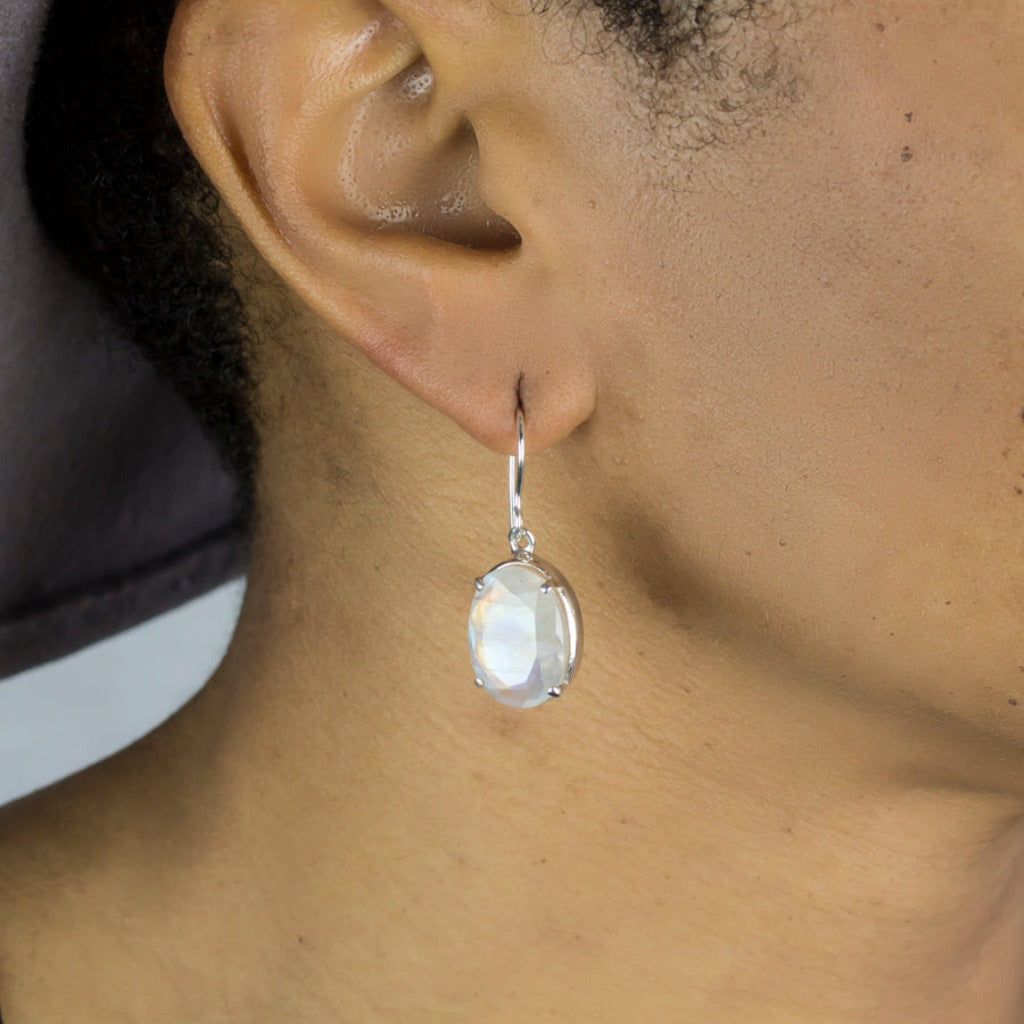 Rainbow Moonstone Drop Earrings on Model