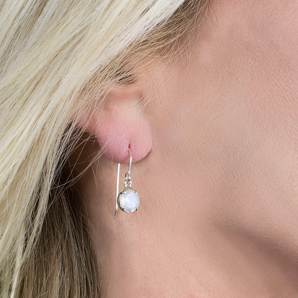 White & Blue Rainbow Moonstone Faceted Drop Earrings Made In Earth On Model